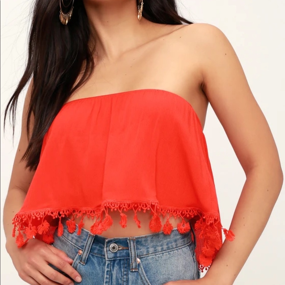 Lulus coral red strapless crop top